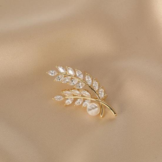 Women Brooch Sparkling Cubic Zirconia Wheat Ear Design Suit Lapel Badge with Imitation Pearls Scarves Dresses Accessories