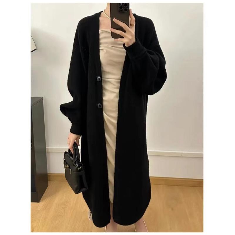 Autumn and Winter New Thickened V-neck Long Single-breasted Knitted Cardigan Women's Loose Lazy Wind Sweater Jacket Women