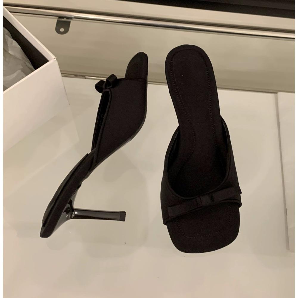New Women's Slipper Mules Low High Heels Shoes Summer Best Street Look Females Square Head Open Toe Bow Strappy Sandals