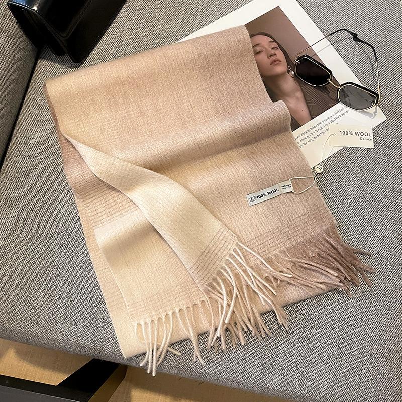 100% Pure Wool Scarf Female Winter Warm Cashmere Shawl Checkerboard Grain Design Couple Accessory Premium Sense Windproof Scarf
