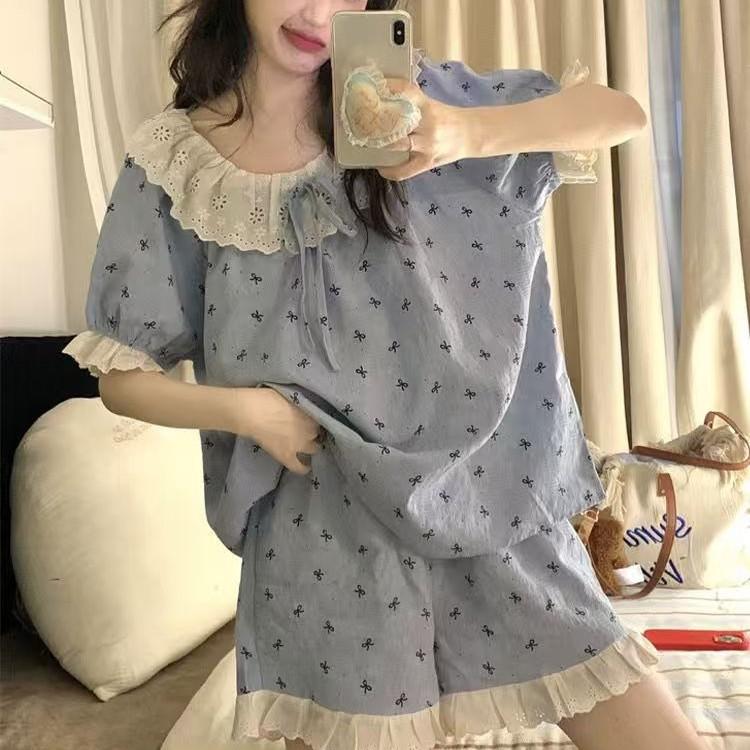 

Blue lace bow pajamas women s summer short-sleeved shorts thin suit Japanese beautiful girl loungewear suit s [recommended weight 35-40kg]