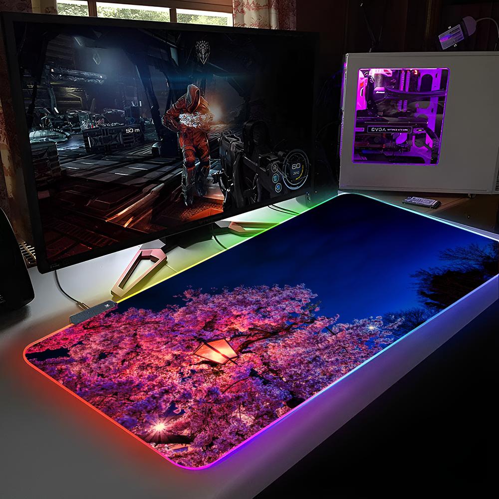 Cherry Blossom Scenery Mouse Pad RGB Backlit Mouse Pad Laptop Mouse Pad Laptop Gamer Computer Desk Gaming Accessories