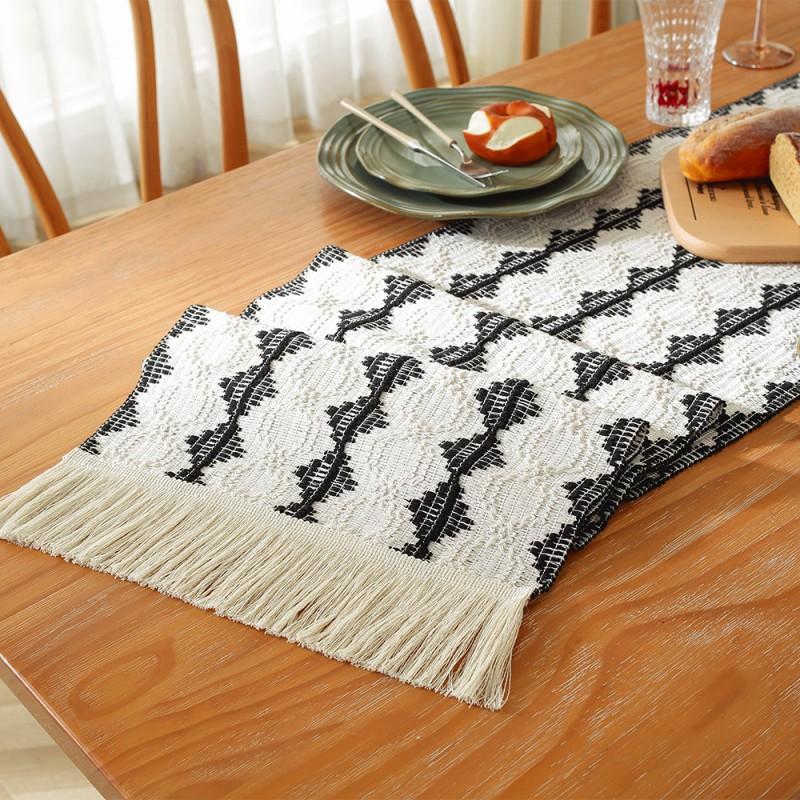 Cotton Linen Table Runner With Striped Patchwork Design Tassel Trim Modern Minimalist Long Cover Dining Room
