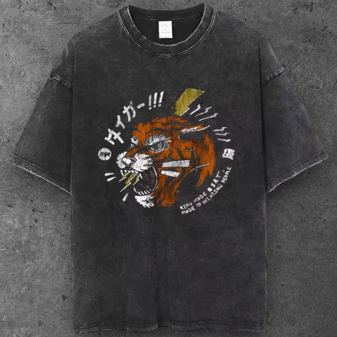 Unisex Tiger Lightning Bolt Graphic T Shirt Washed Black Y2K Streetwear S-2XL S разноцветный