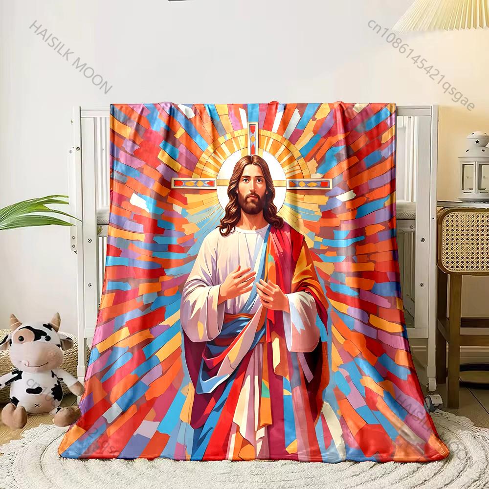 1PC Jesus Figure Colorful Background Print Believer Pray Blanket Warm Soft Flannel Material Suitable for All Seasons Luxury Gift