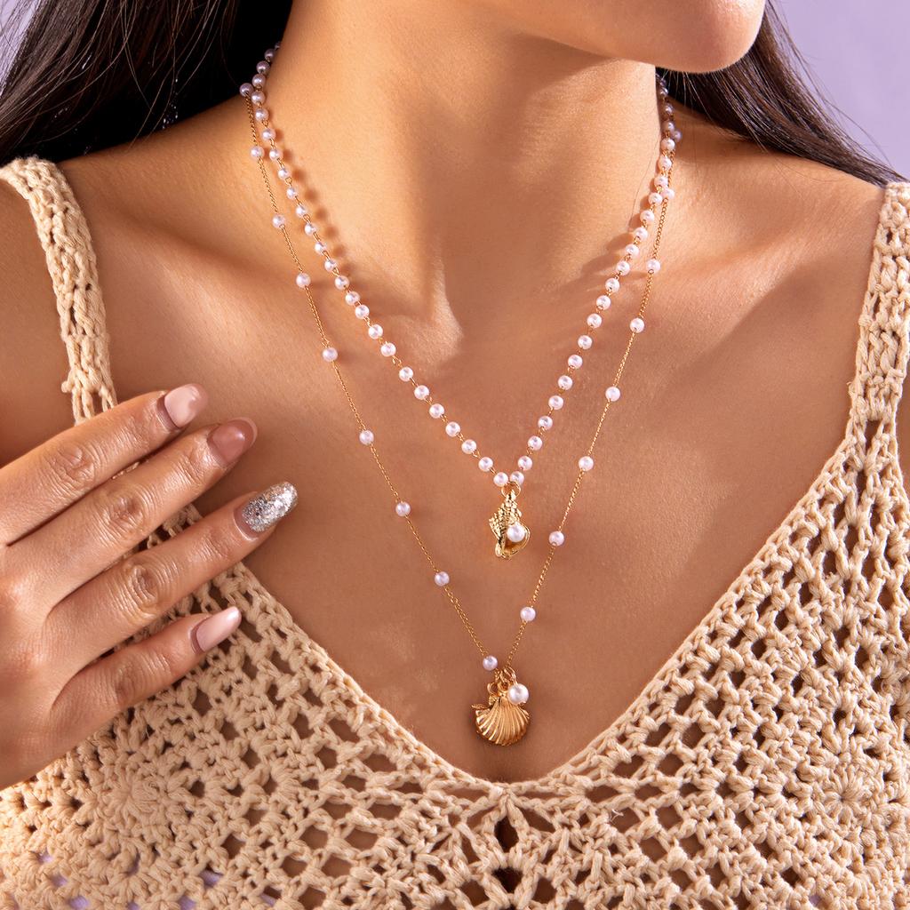 Boho Double Layer Imitation Pearl Shell Starfish Necklace for Women Beach Pendant Short Choker Neck Chain Jewelry Accessory