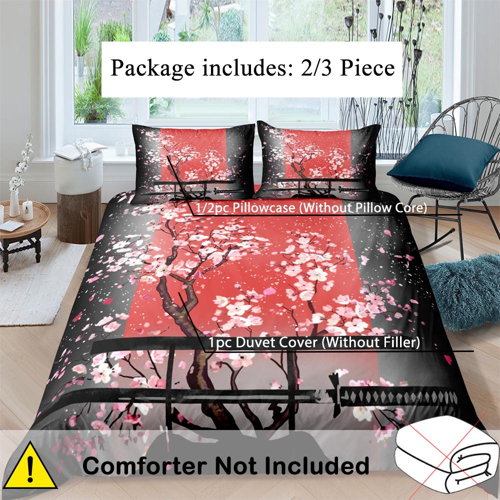 Comforter Japan Style Black White Ink Style Samurai Sword Red Sakura 3D Printed Set Elegant Sakura Bedding