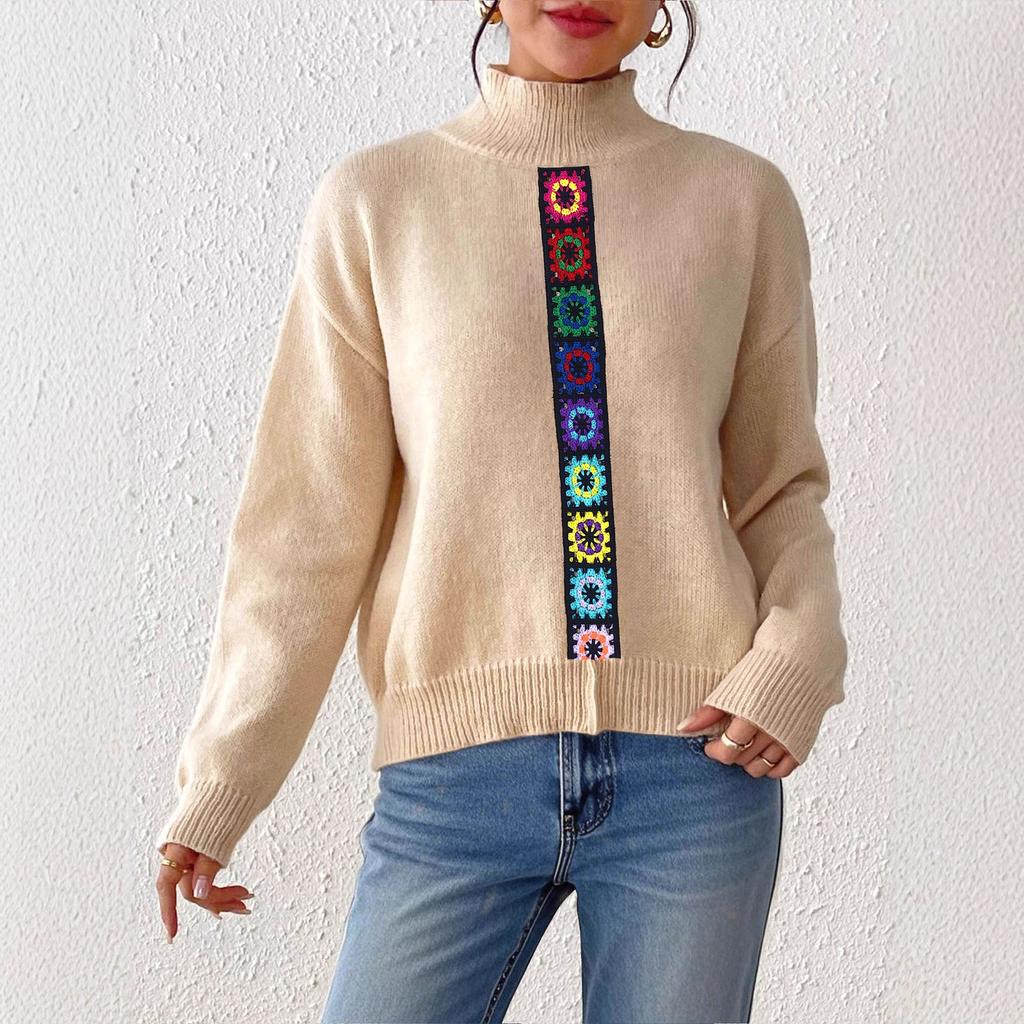 Personalized Patchwork Top, Semi-high Neck Pullover Sweater for Women
