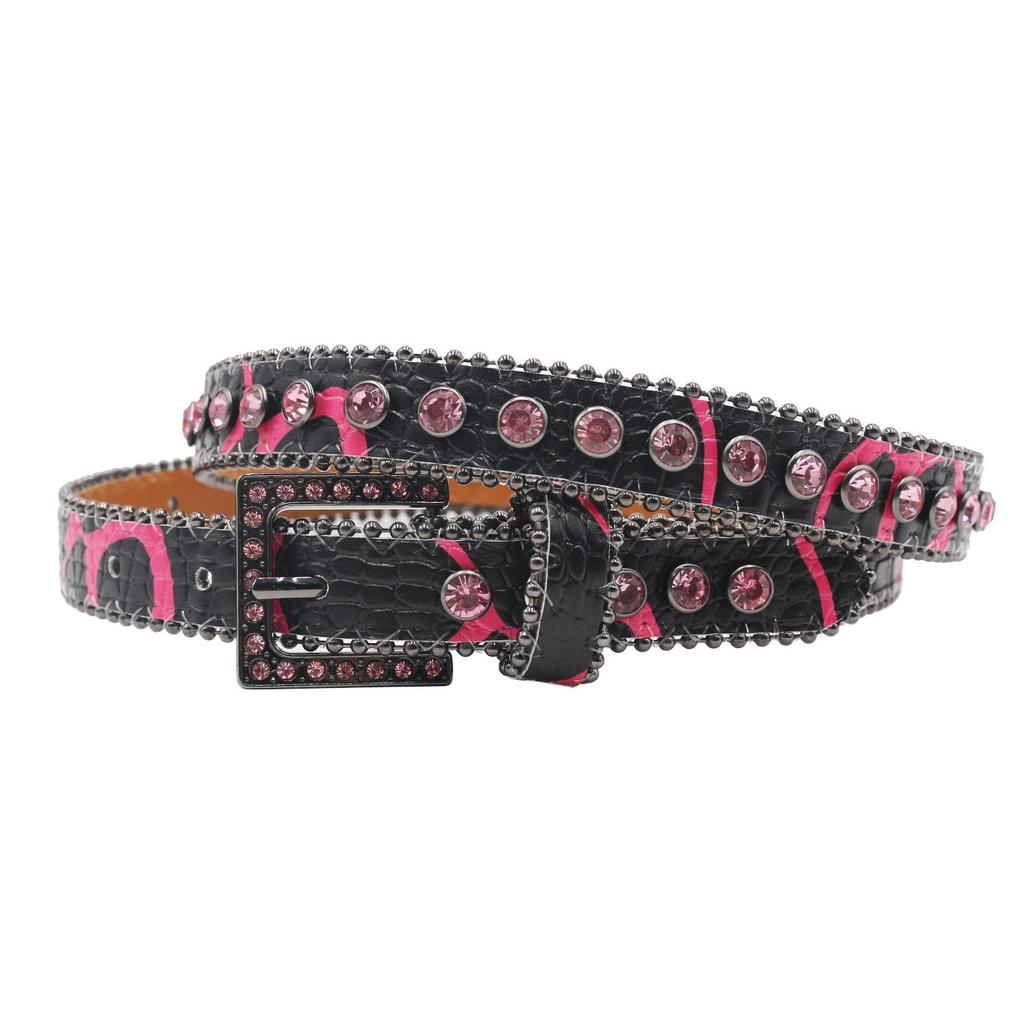 High-end Women's Patterned 2.3 Leather Belt with Pin Buckle and Rhinestones – European & American Punk Style.