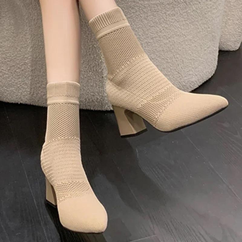 Fashion Woman Knitted Ankle Boots 2025 Autumn Winter Women‘s Casual Low Heel Pumps Ladies Outside Shoes Female Casual Chelsea Boots