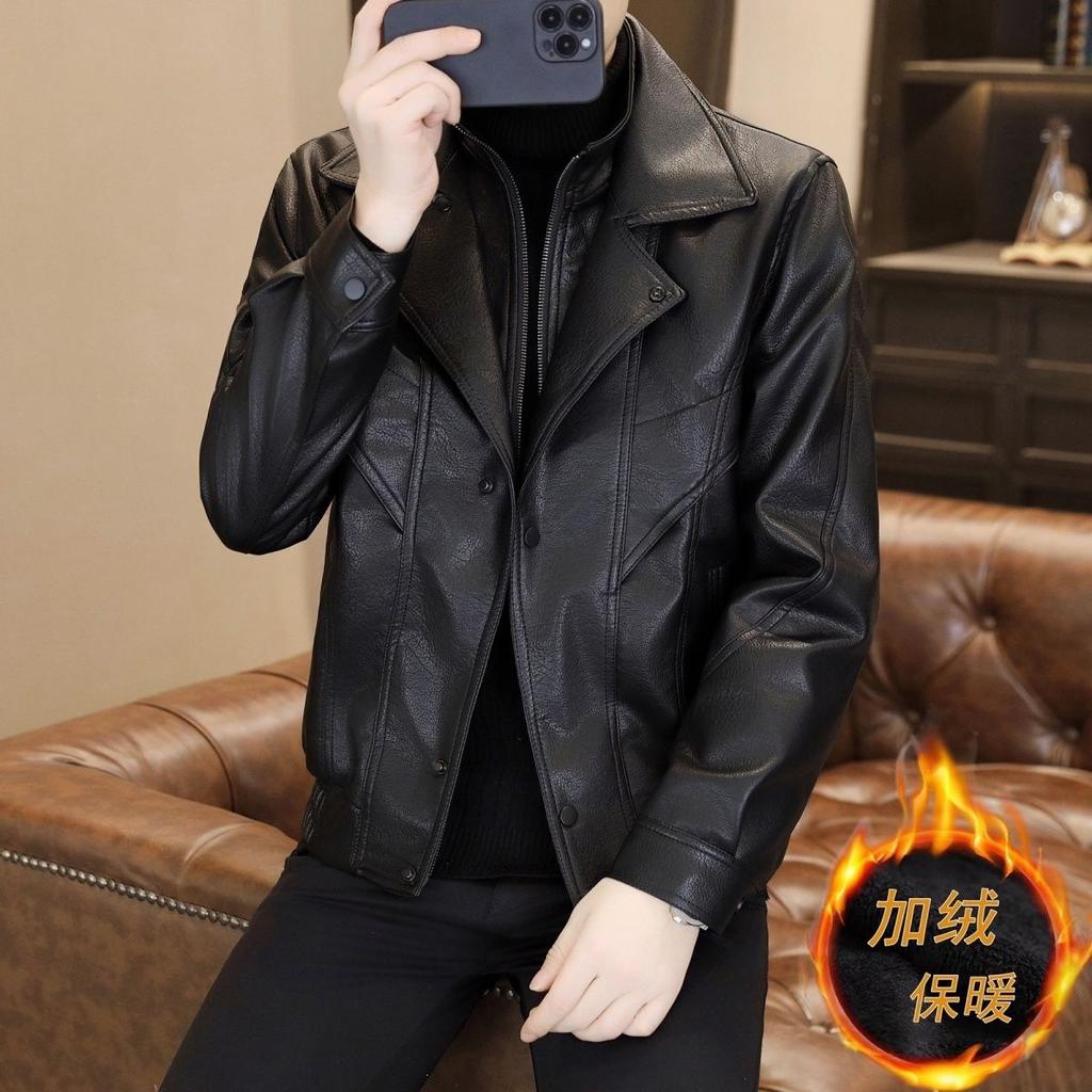 Winter Thickened Fleece Leather Jacket Men's Casual Thermal Locomotive Leather Jacket Two Lambskin Jackets