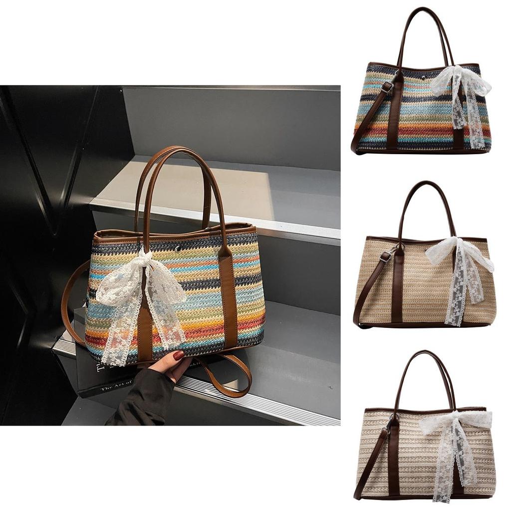 Korean Style Rainbow Straw Woven Shoulder Bag With Polyester Lining For Urban Outings