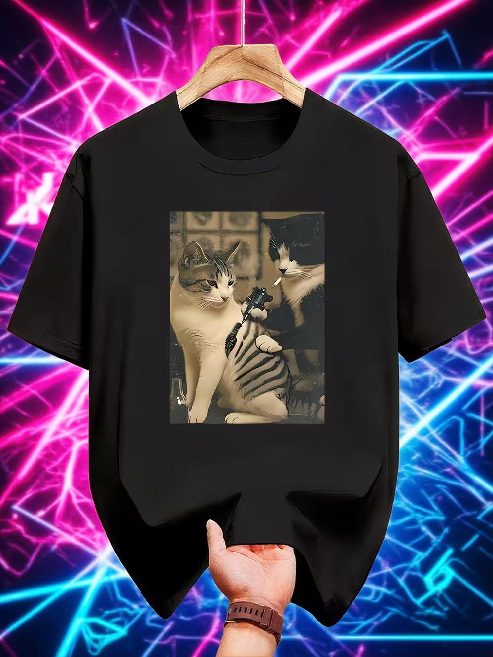 Men S Funny Cat Graphic T-Shirt - Black Tee with Cute Kitty Design S