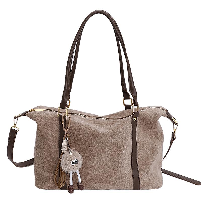 Faux Suede Solid Color Sewing Tote Bag 2026 Fashi Large Capacity Versatile Bags for Women Retro Sweet Commuting Shoulder Bag