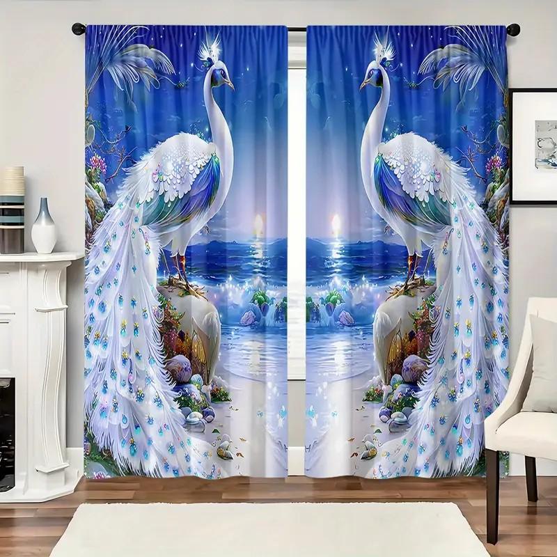 Set Of 2 Elegant Jit Peacock Print Curtain Design Polyester Drape Holiday Window Decor Home Light Blocking Made With Rod Pocket