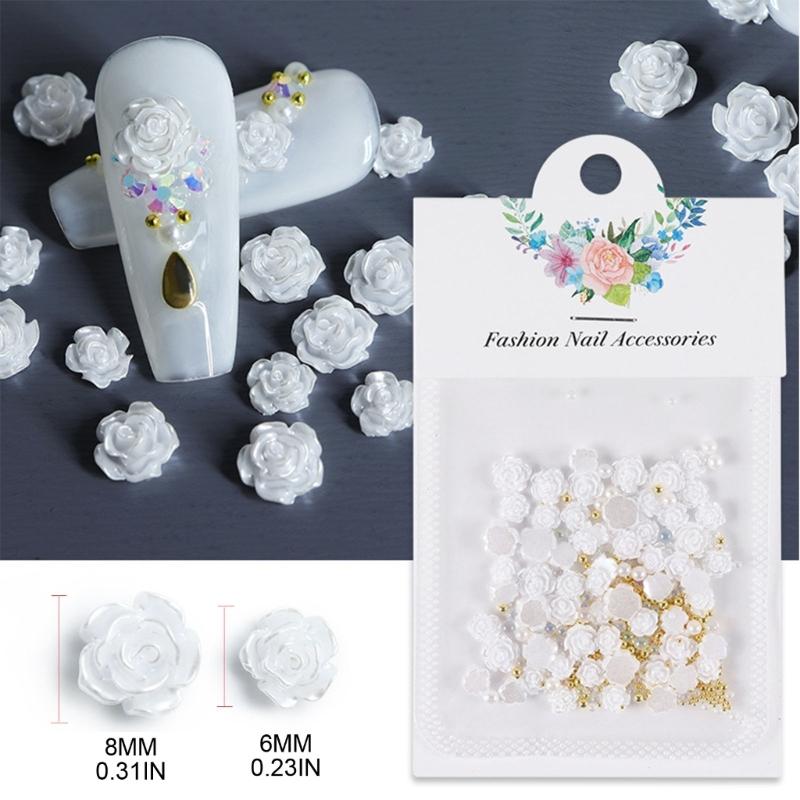 50Pcs Rose Flower Nail Art Decorations with Mini Pearls Resin Flower Nail Art Charms for DIY Acrylic Nails Bride Nail