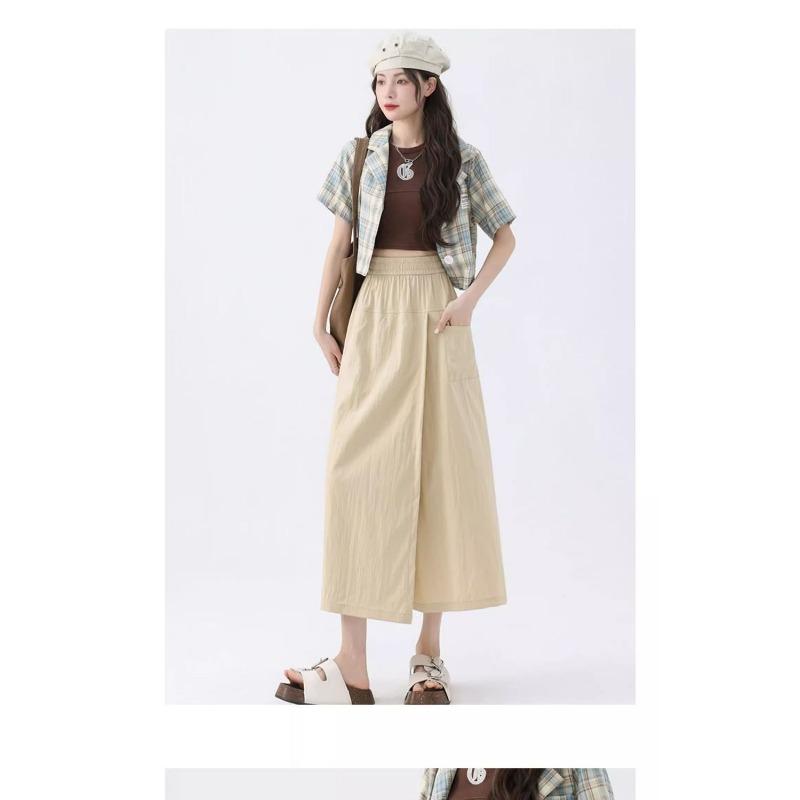 Apricot Overalls Culottes for Women Summer Thin High-waisted A-line Slit Hip-covering Wide-leg Culottes
