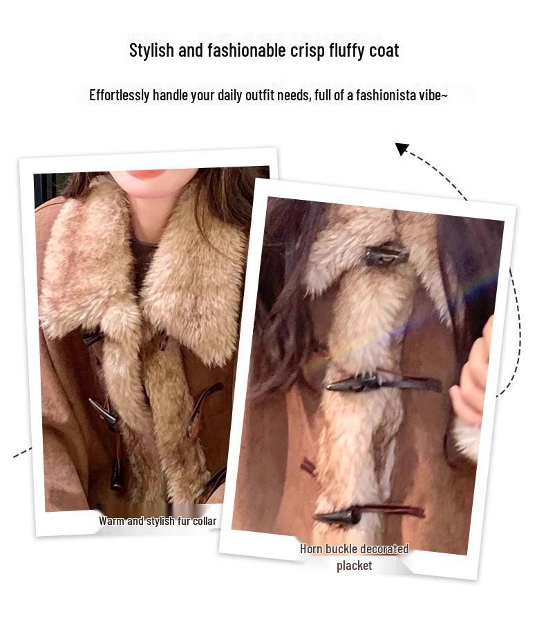 Women's Retro Suede Fur-Trim Horn Buckle Jacket - 2025 Autumn/Winter Collection