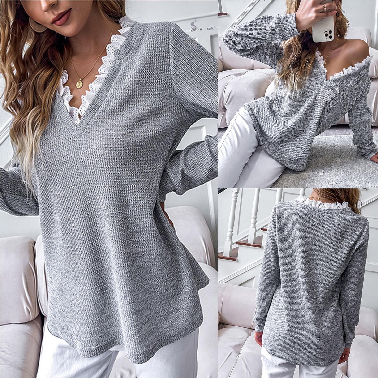 

Женская модная однотонная футболка с v-образным вырезом и длинными рукавами со свободной головой, топ