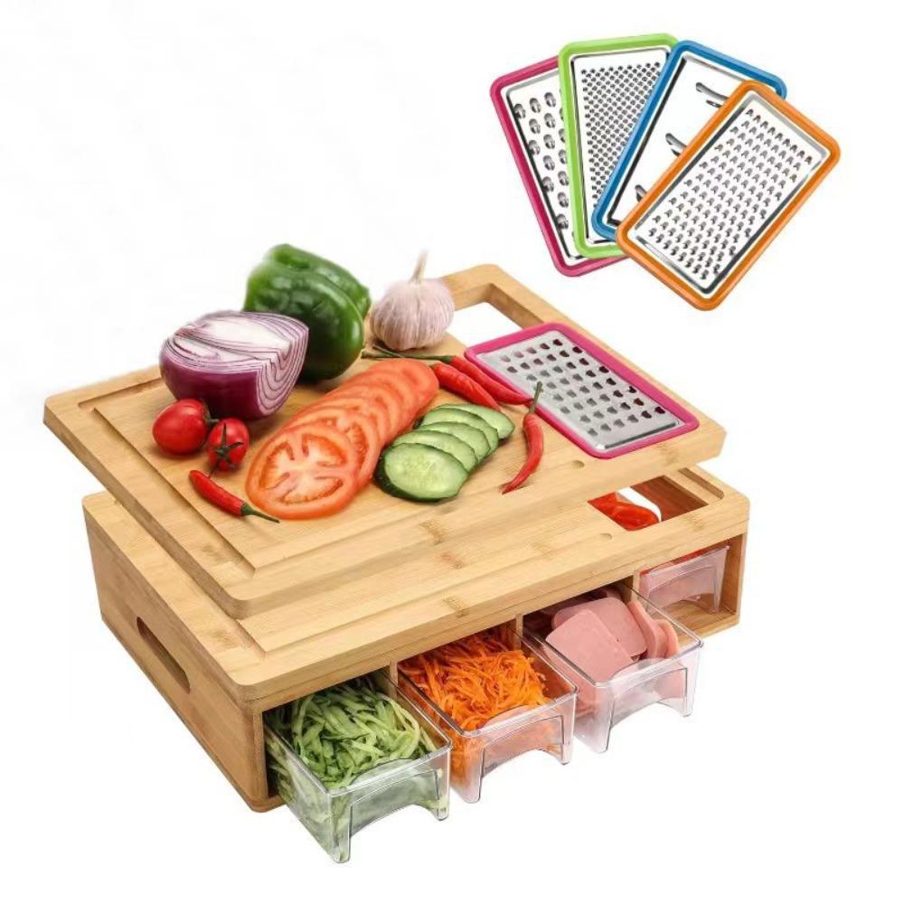 Bamboo Multifunctional Cutting Board Set with Container and Grater Square Chopping Block Drawer Design Cutting Board