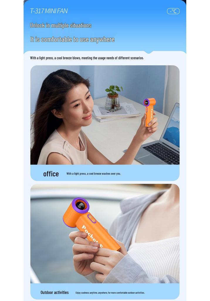 New T317 USB Brushless Handheld Mini Fan: Strong Wind, Digital Display, Portable Turbine.