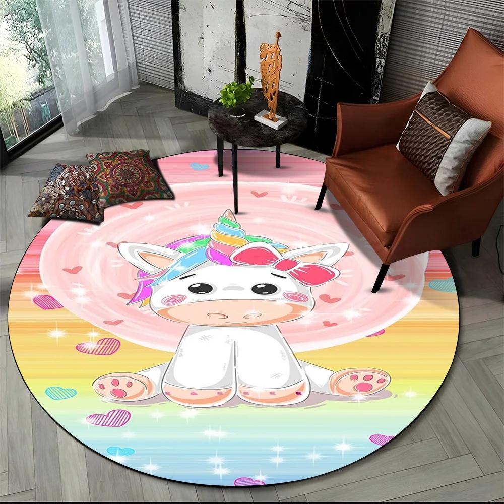 Unicorn Cartoon Animal Round Carpet Rug for Living Room Children's Bedroom Sofa Decor,Kid Paly Game Area Rug Non-slip Floor Mat