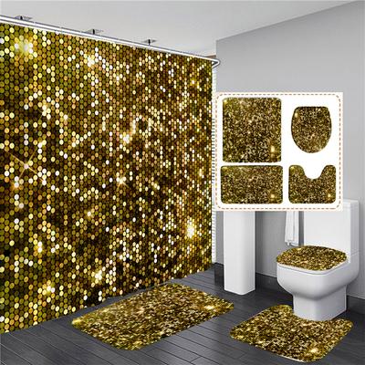 Gold Glänzend Mosaik Mit Buntem Muster Badezimmer Duschvorhänge Toilettendeckel Abdeckung Matten Rutschfeste Teppiche Badteppiche Heimdekoration