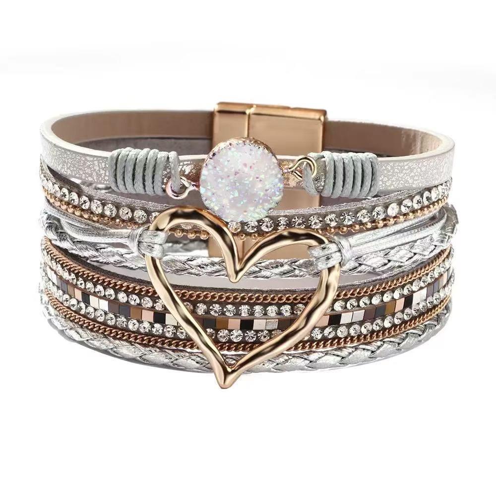 Leather Bohemian Style Bracelet Braided Stacked Zircon Bracelets Heart Woven Bracelet Gift