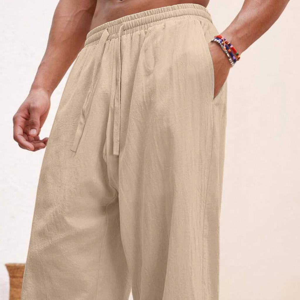 European and American Men's Linen Straight Loose Pants Solid Color Casual Lace-up Wide-leg Beach Pants
