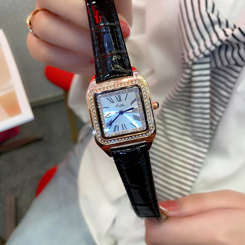 Square Simple Roman Diamond Women'S Watch Niche Light Luxury Leather Watch Fashion High Sense Women'S Watch