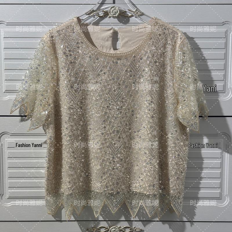 

Универсальный топ с короткими рукавами, украшенный пайетками и бисером - Европейский и американский тренд от сетевых звезд: Свободный крой и приталенный круглый вырез для женщин Small абрикосовый