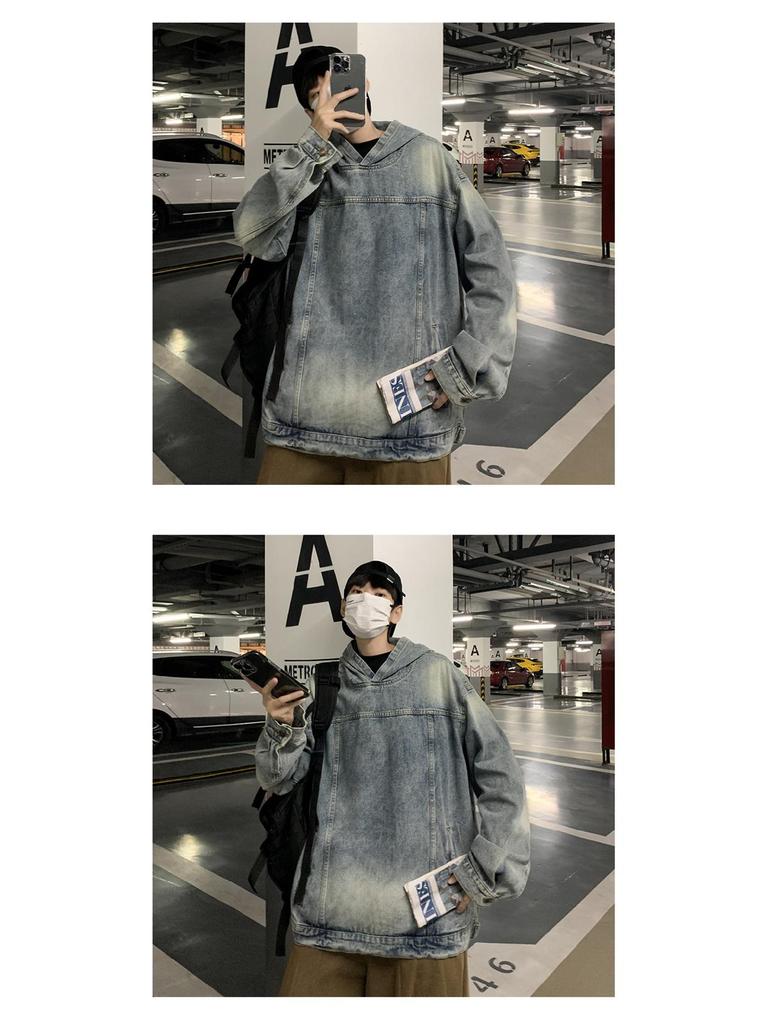 Men's Retro Denim Hooded Sweatshirt Jacket – Washed Distressed Look for Autumn/Winter