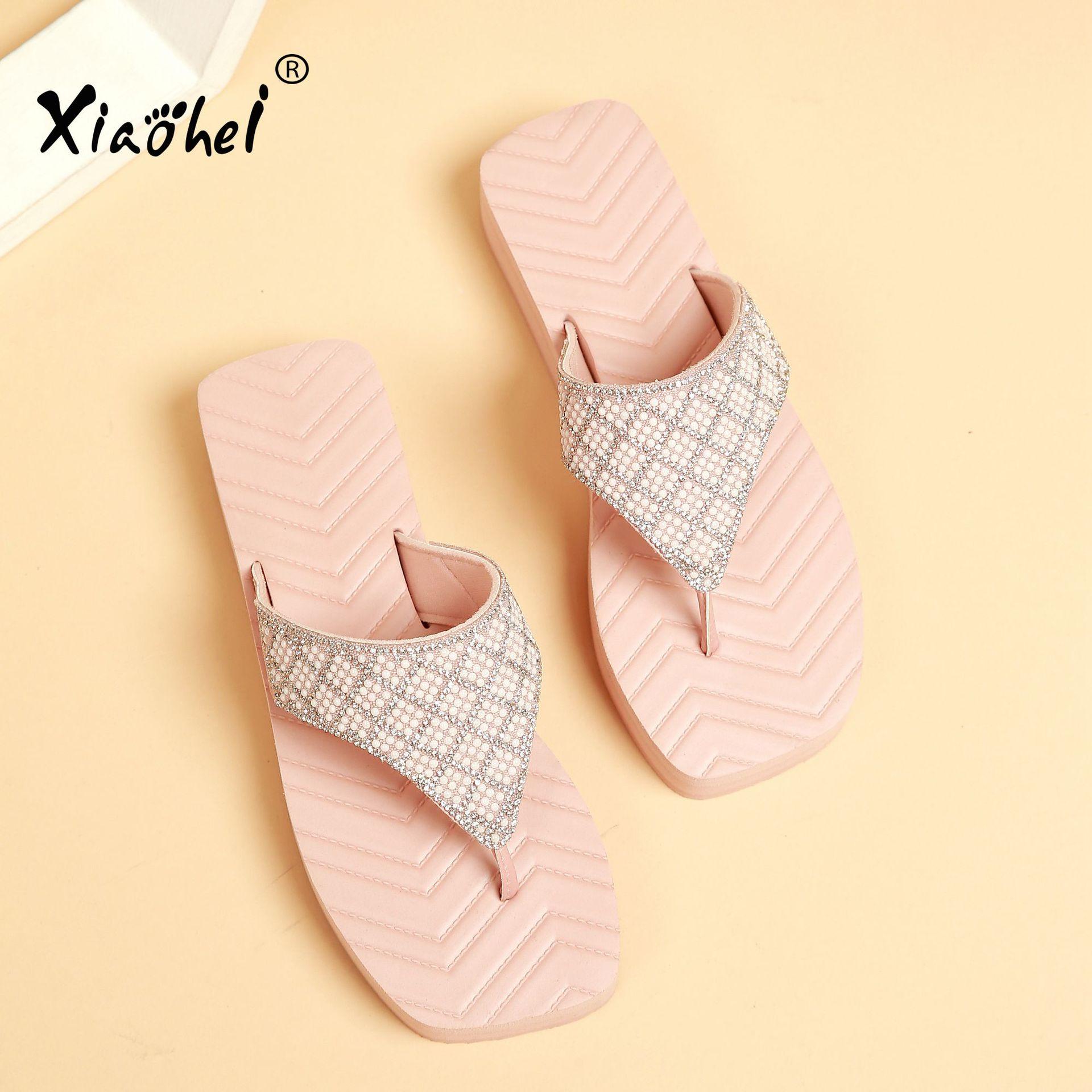 

Сандалии женские летние универсальные шлепанцы на плоской подошве для отдыха, пляжные шлепанцы на толстой подошве со стразами, легкие 41 розовый