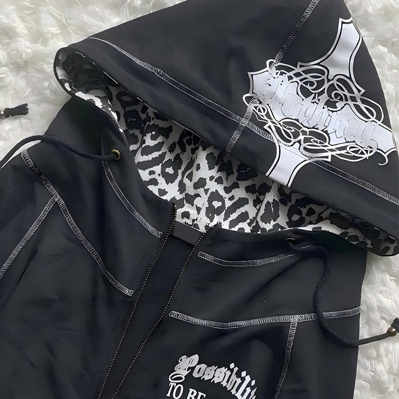 ZYLLO Fashion Retro Trend Harajuku Ins Zipper Hooded Cardigan Sweatshirt Street Punk Women Top Y2k Clothing