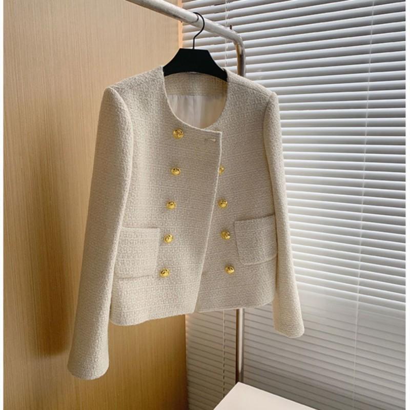 2026 Womens Chic Tweed Short Jacket Round Neck Double-Breasted A-Line Blazer Casual Elegant Outerwear