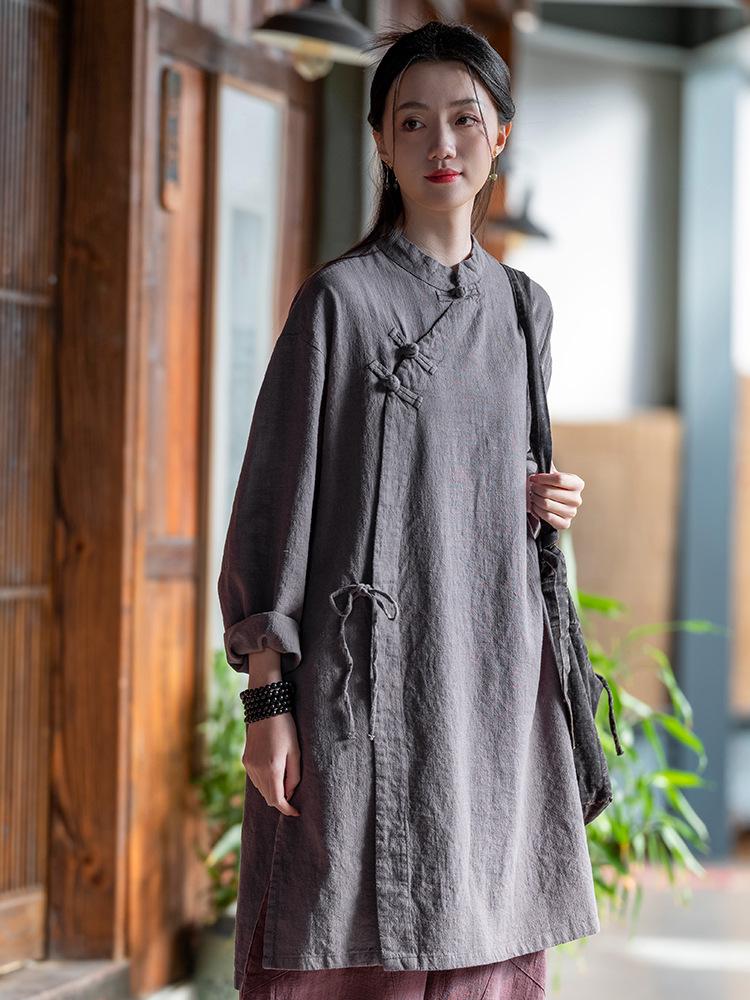 2026 Spring Women's Asymmetrical Cotton Linen Robe with Frog Buttons and Tie-Up Collar - Retro Chinese Zen Tea Wear