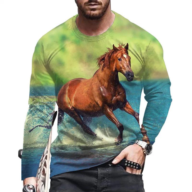 Essential 3D horse print long sleeve T-shirt, casual men's stylish top.