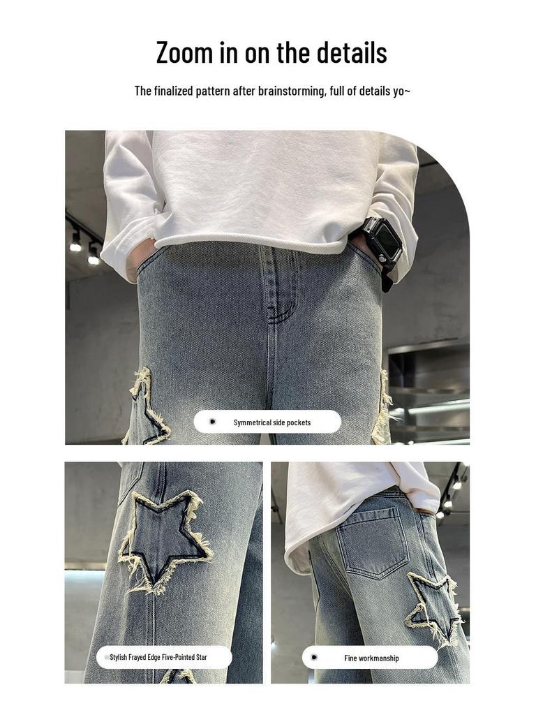 Autumn 2025 Boys' Star Denim Wide Leg Jeans - Big Kids' Loose Fashion Trousers