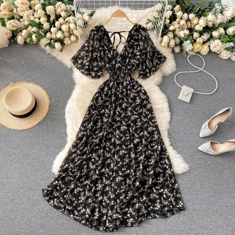 Women Floral Summer Short Sleeve V Neck A Line High Waist Ruched Long Dress