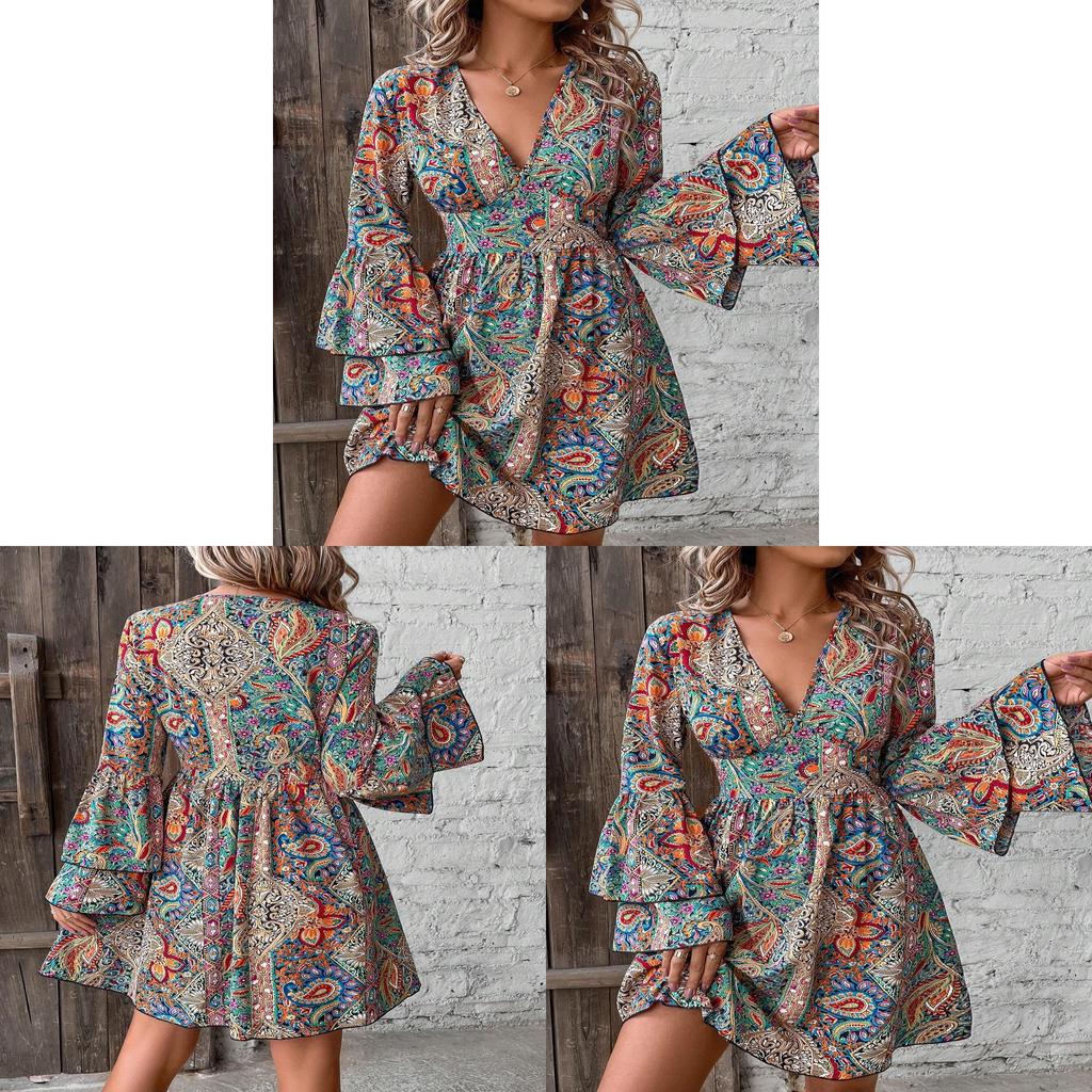 Elegant Floral Print V Neck Long Sleeve Midi Dress For Office Wear