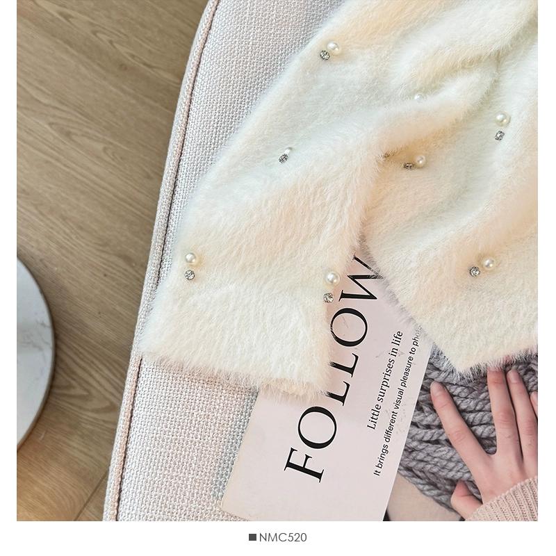 Autumn Winter Women Sweet Beading Soft Furry Mohair Knitted Sweater Christmas Short Cardigan Tops
