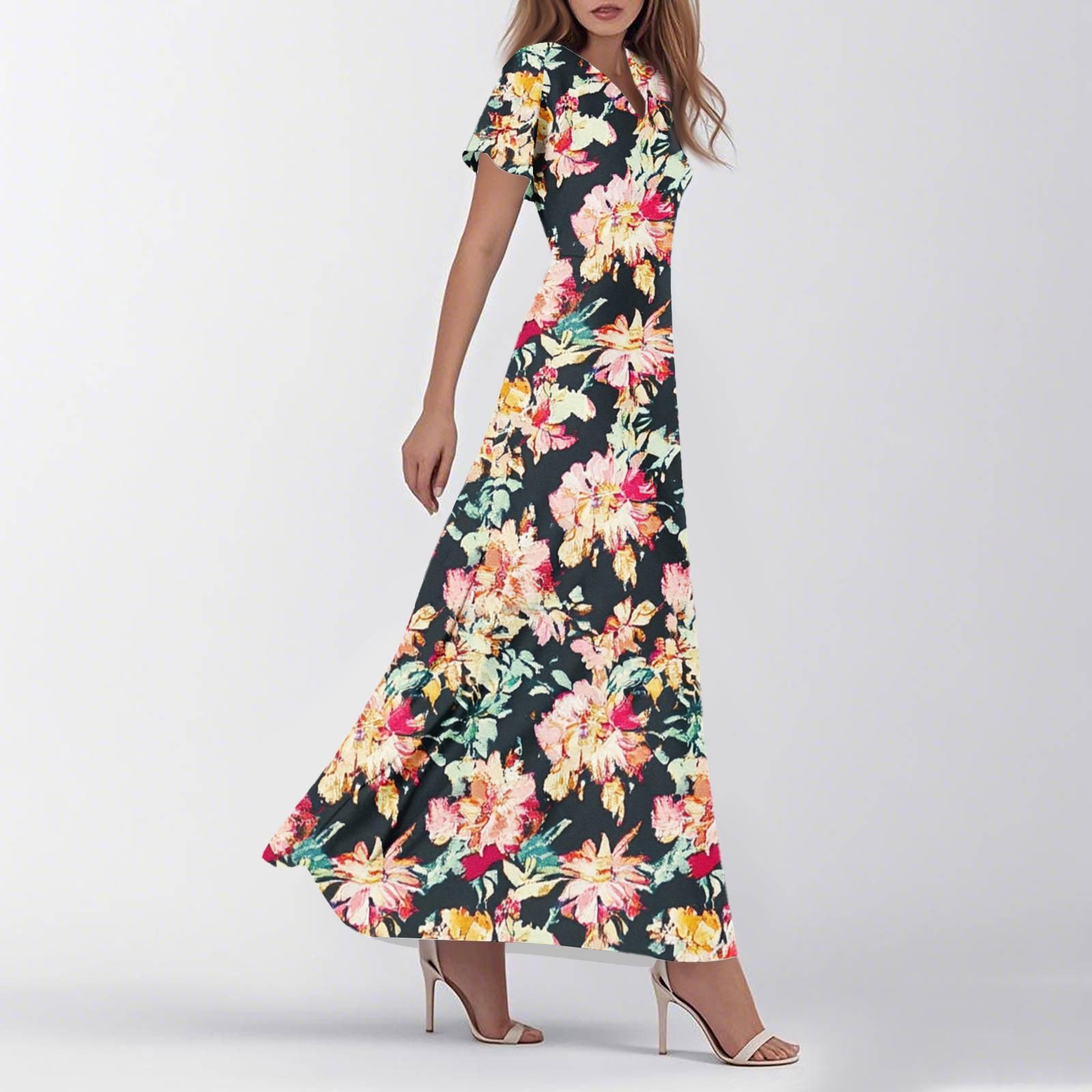 

Жіноча літня повсякденна мода ретро квіткова сукня з V-подібним вирізом та короткими рукавами XXL