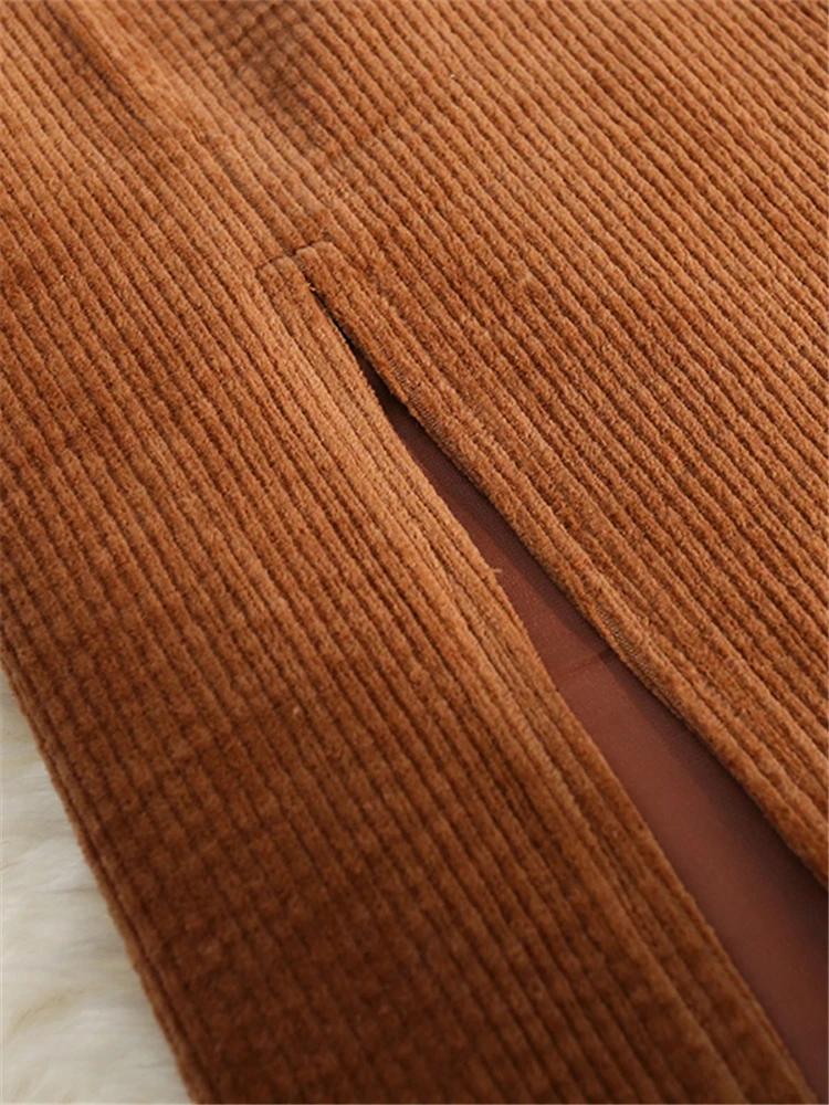 Autumn Winter Corduroy Women's Skirts with Belted High Waist Straight Classic Front Split Skirts Ladies Female