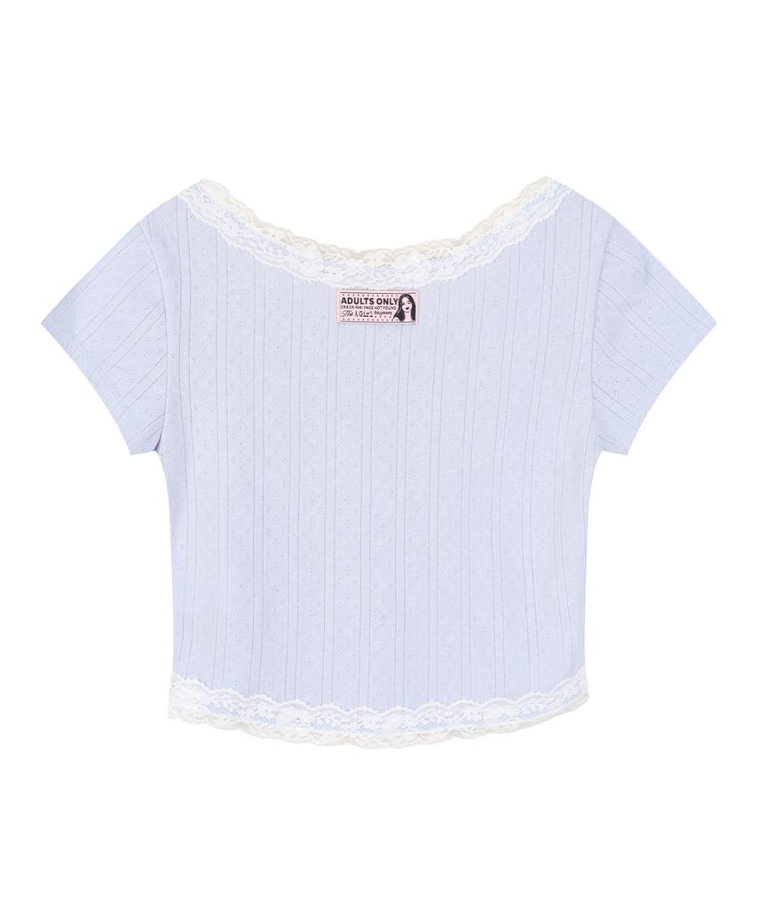 LALAFOX Lace Trim Eyelet Slim T-Shirt Sky Blue Bs2Ch018