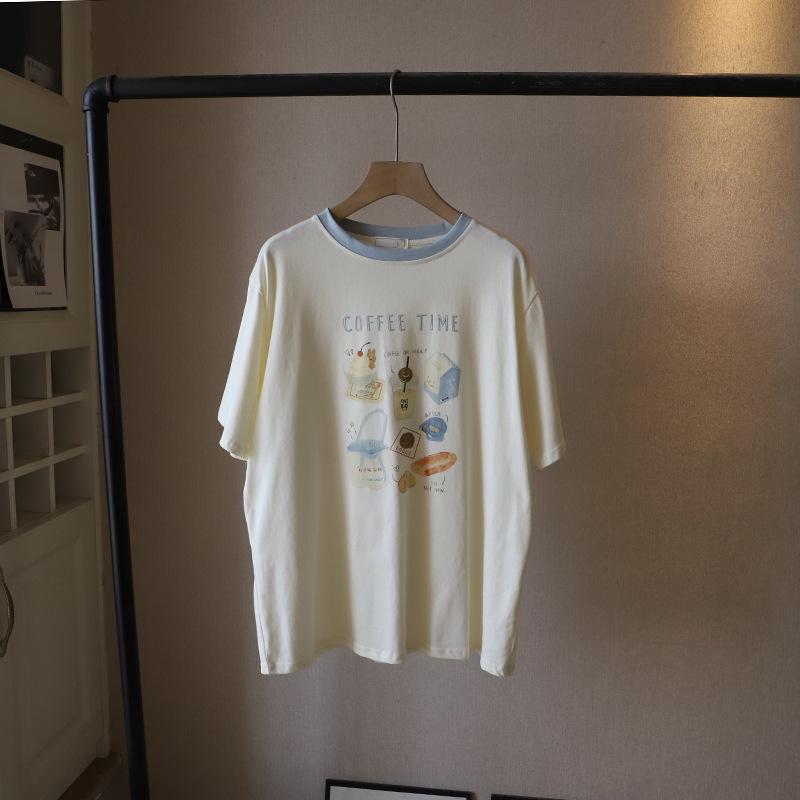 

2025 Korean Style Color Block Cartoon Print Crew Neck Loose T-shirt for Women One Size