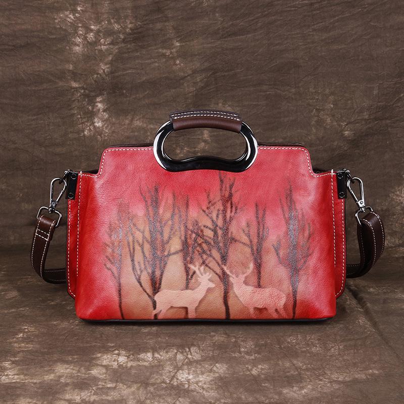 Leather handbag texture single shoulder oblique straddle bag vintage handmade wealth has deer woman bag