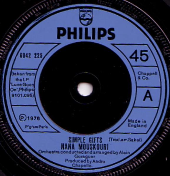 

7inch Record NANA MOUSKOURI - Simple Gifts 6042225 Philips 1976 UK Pop Used
