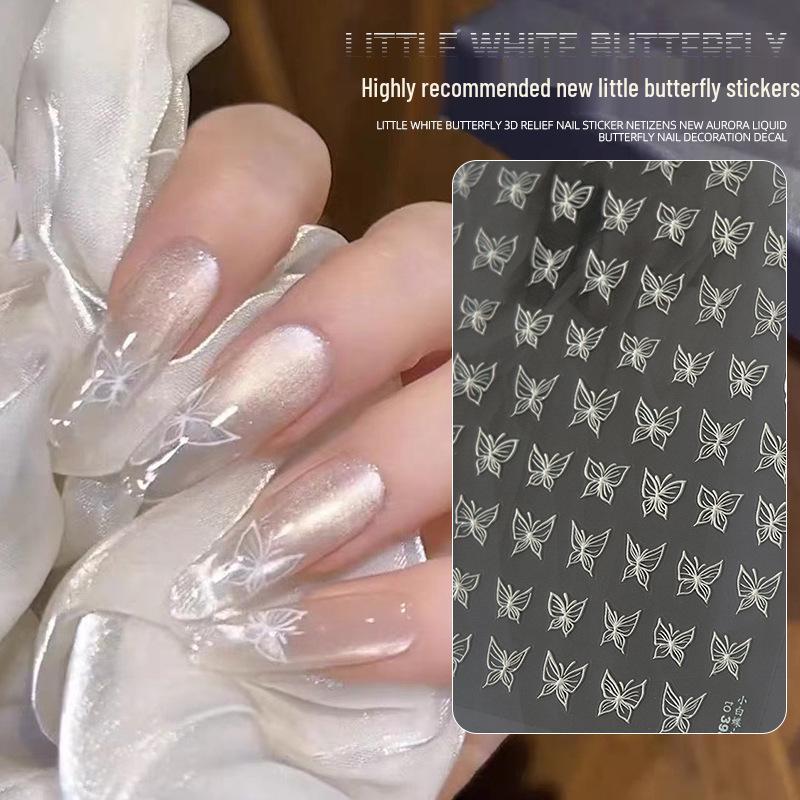 

3D Embossed White Butterfly Nail Stickers with Painted Butterfly & Japanese Bow