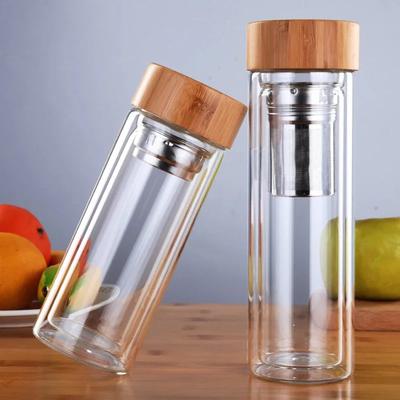 Double Wall Borosilicate Glass Tea Infuser Bottle with Bamboo Lid – Stainless Steel Filter Travel Tea Cup
