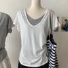 Women Gray Fake Two Piece Deep V Neck Loose Short Sleeve T Shirt